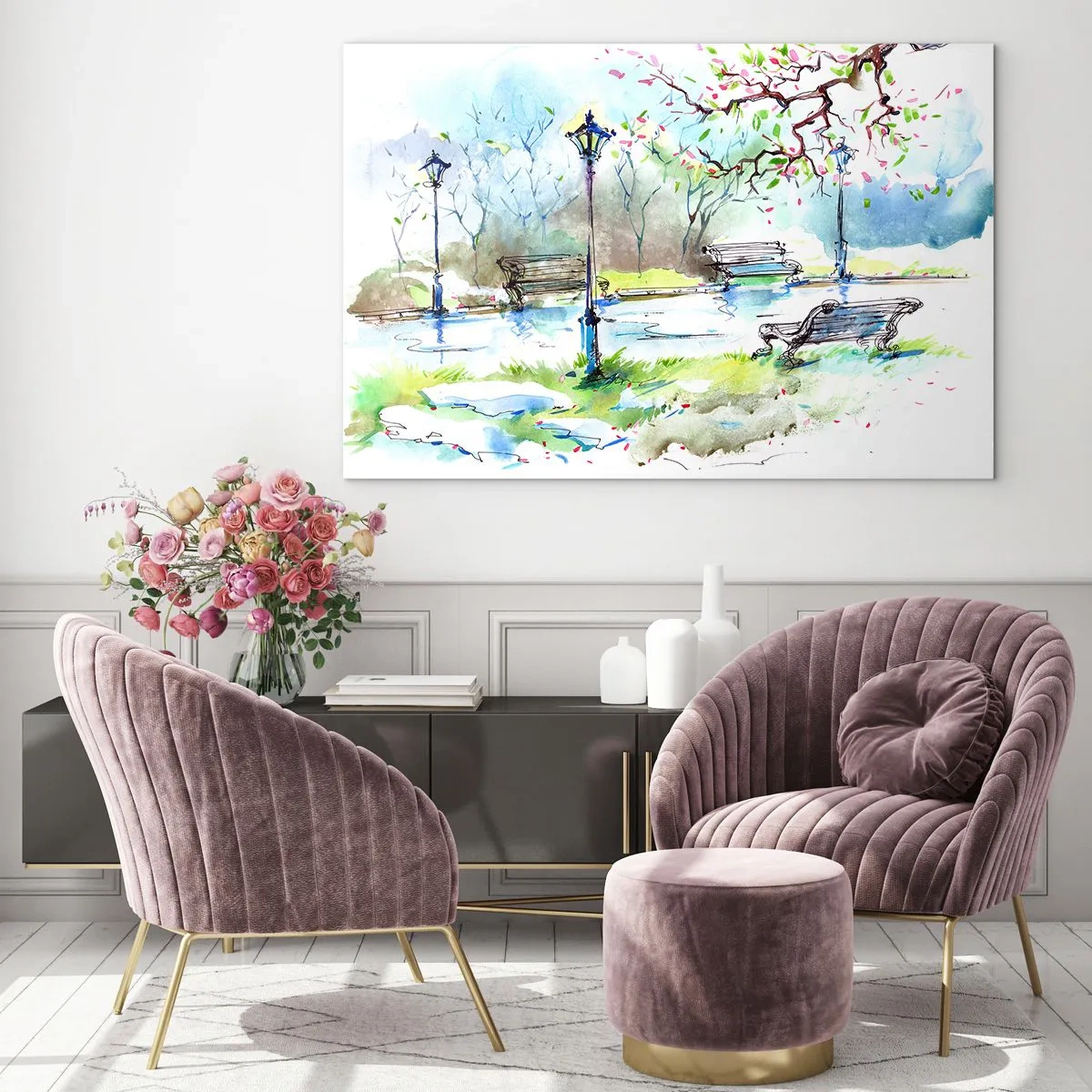 Impression sur verre - Image sur verre - Aquarelle représentant une scène de parc avec des bancs et des lanternes - 120x80cm - Le charme du silence d'un parc - Décoration murale moderne pour le salon et la chambre ARTTOR