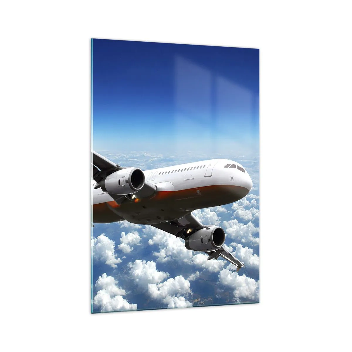 Impression sur verre - Image sur verre - Un avion de ligne volant au-dessus des nuages contre un ciel bleu. - 70x100cm - Éloignez-vous de tout - Décoration murale moderne pour le salon et la chambre ARTTOR