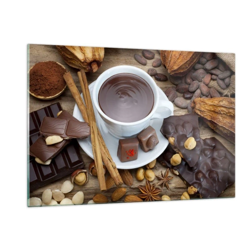Impression sur verre - Image sur verre - Une tasse de chocolat chaud avec des garnitures sur un fond rustique - 120x80cm - D'une chocolaterie de conte de fées - Décoration murale moderne pour le salon et la chambre ARTTOR