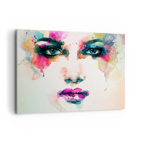 Impression sur toile - Image sur toile - Portrait abstrait d'une femme aux couleurs intenses - 100x70cm - Un portrait peint avec un arc-en-ciel - Décoration murale moderne pour le salon et la chambre ARTTOR