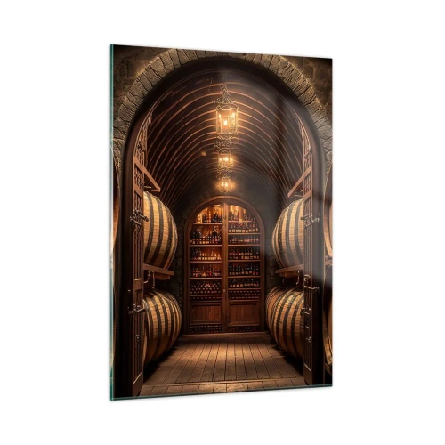 Impression sur verre - Image sur verre - Un vignoble avec des barriques et une cave éclairée pleine de bouteilles - 50x70cm - Cave climatisée - Décoration murale moderne pour le salon et la chambre ARTTOR