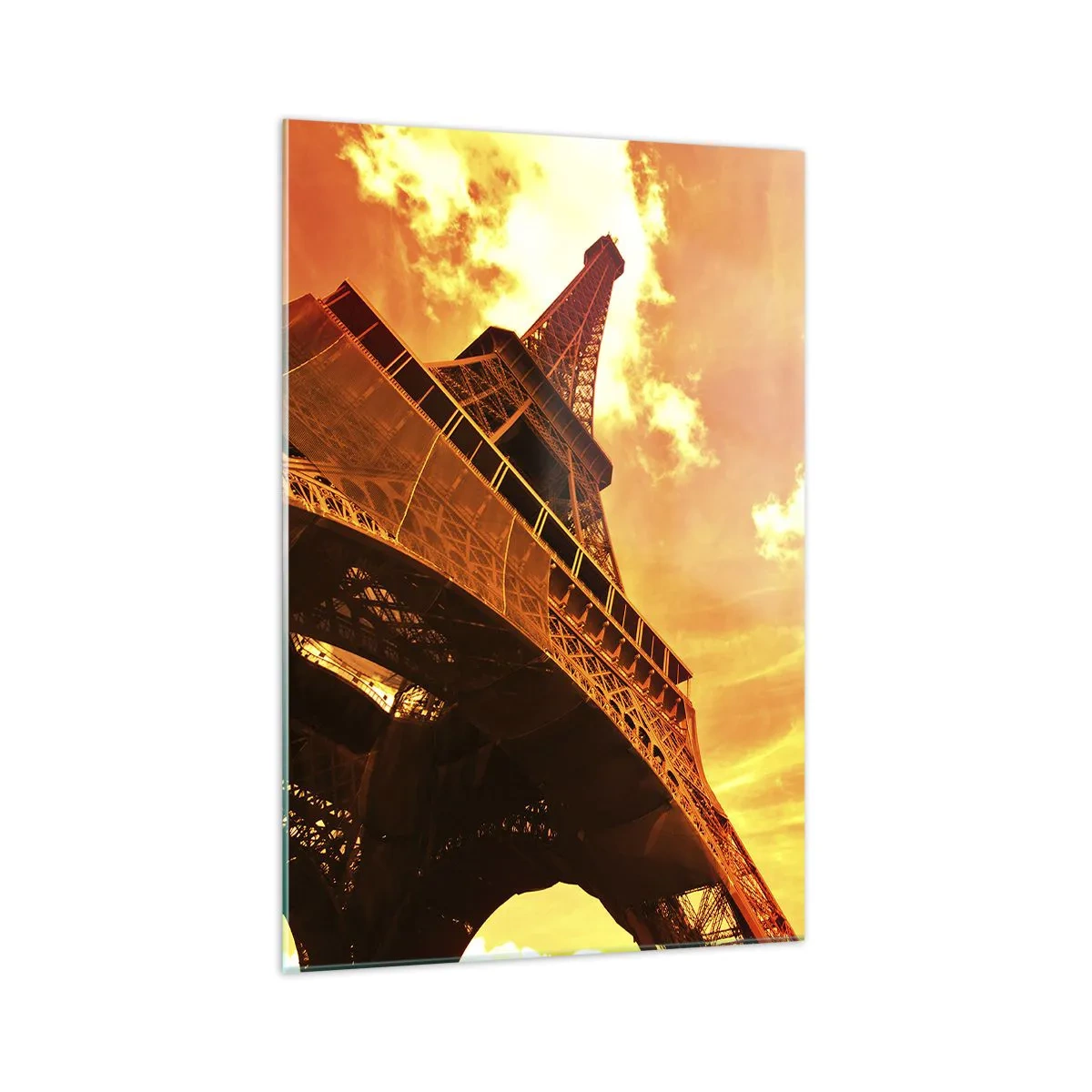 Impression sur verre - Image sur verre - La Tour Eiffel contre un ciel doré au coucher du soleil - 70x100cm - Monumental, car il est doré par le soleil - Décoration murale moderne pour le salon et la chambre ARTTOR
