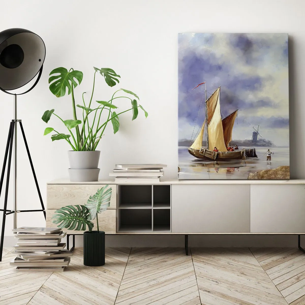 Impression sur toile - Image sur toile - Voiliers sur une eau calme avec des moulins à vent en arrière-plan - 70x100cm - Retour de marin - Décoration murale moderne pour le salon et la chambre ARTTOR