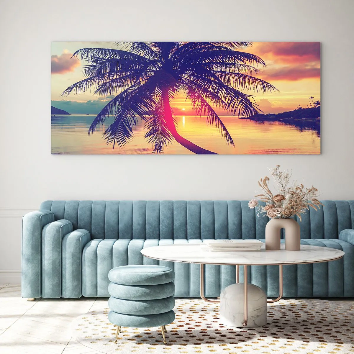 Impression sur verre - Image sur verre - Coucher de soleil avec un palmier sur un rivage tranquille - 160x50cm - Soirée sous les palmiers - Décoration murale moderne pour le salon et la chambre ARTTOR