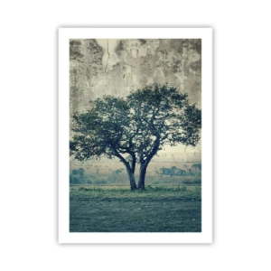 Affiche - Poster - Un arbre solitaire dans un paysage rustique - 50x70cm - Un pommier sur un champ bleu ? - Décoration murale moderne pour le salon et la chambre ARTTOR
