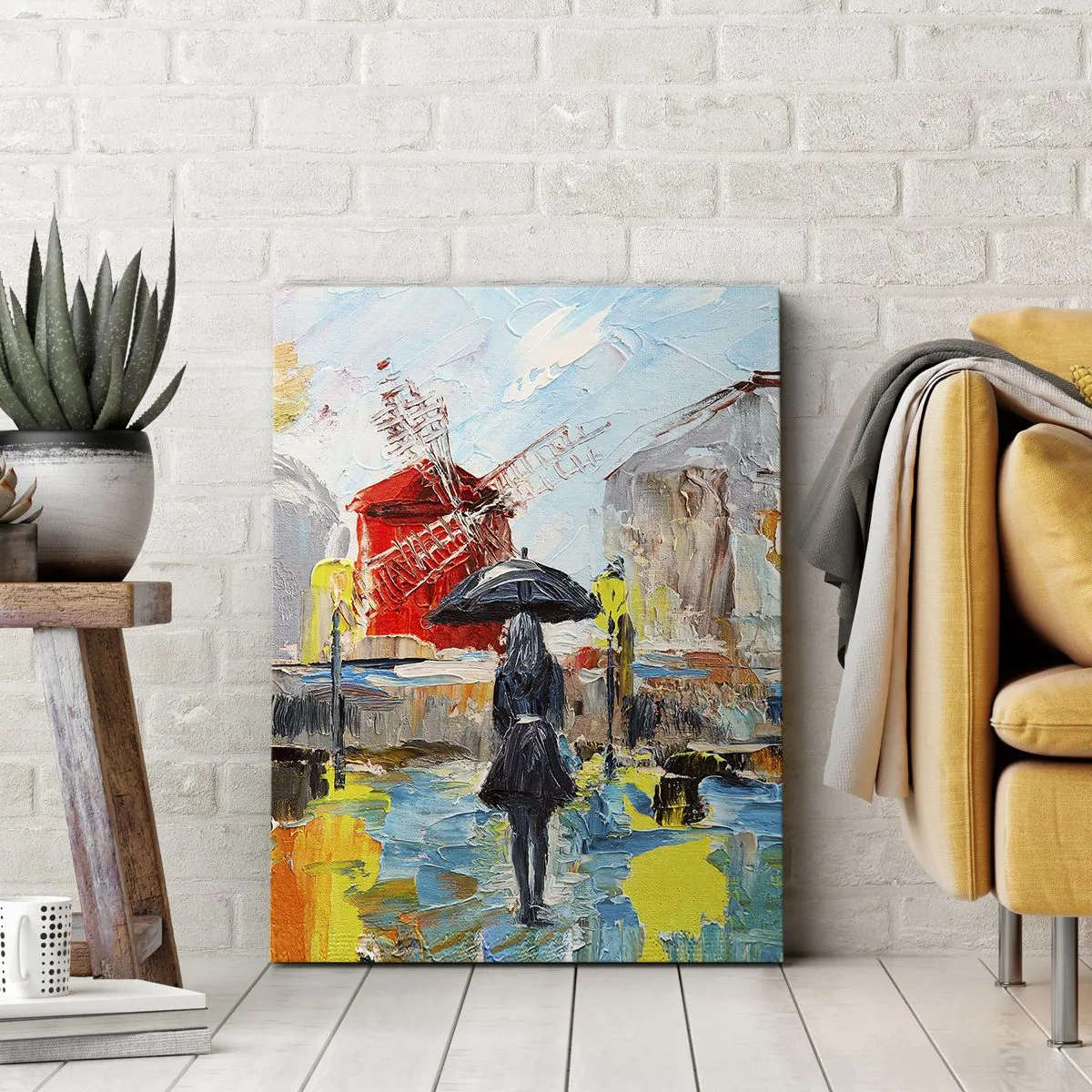 Impression sur toile - Image sur toile - Une scène pittoresque avec un parapluie sur fond de Paris aux couleurs vibrantes. - 70x100cm - Légende parisienne - Décoration murale moderne pour le salon et la chambre ARTTOR