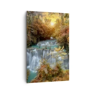 Impression sur toile - Image sur toile - Cascade d'automne entourée d'arbres colorés au soleil - 80x120cm - Trésor caché de la forêt - Décoration murale moderne pour le salon et la chambre ARTTOR