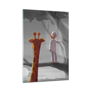 Impression sur verre - Image sur verre - Un enfant en pyjama et une girafe regardent le coucher de soleil depuis un arbre. - 50x70cm - Cela arrive vraiment - Décoration murale moderne pour le salon et la chambre ARTTOR
