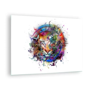 Impression sur verre - Image sur verre - Portrait coloré d'un lion dans un style artistique avec des accents abstraits - 70x50cm - Il se cache derrière un voile arc-en-ciel - Décoration murale moderne pour le salon et la chambre ARTTOR