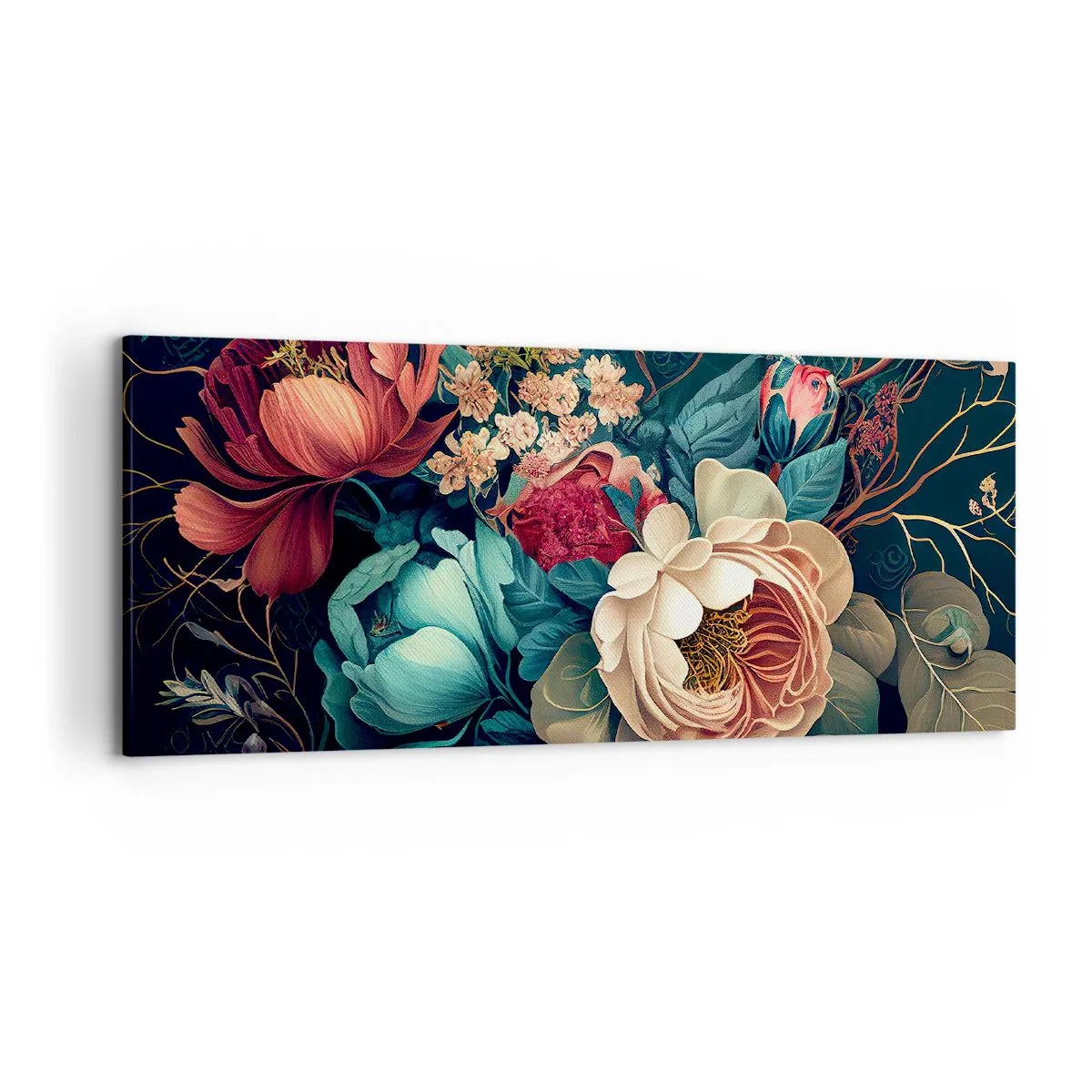 Impression sur toile - Image sur toile - Une composition colorée de fleurs sur un fond sombre - 120x50cm - le charme du 19ème siècle - Décoration murale moderne pour le salon et la chambre ARTTOR