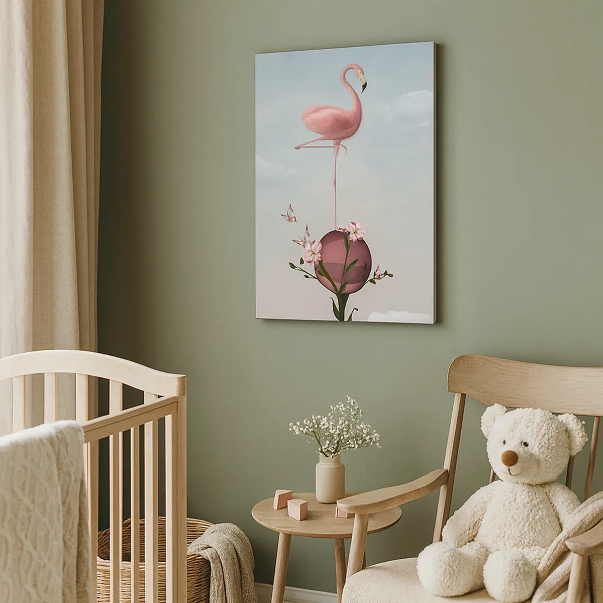 Impression sur toile - Image sur toile - Un flamant rose en équilibre sur une boule de fleurs - 50x70cm - Allégorie du basket-ball - Décoration murale moderne pour le salon et la chambre ARTTOR