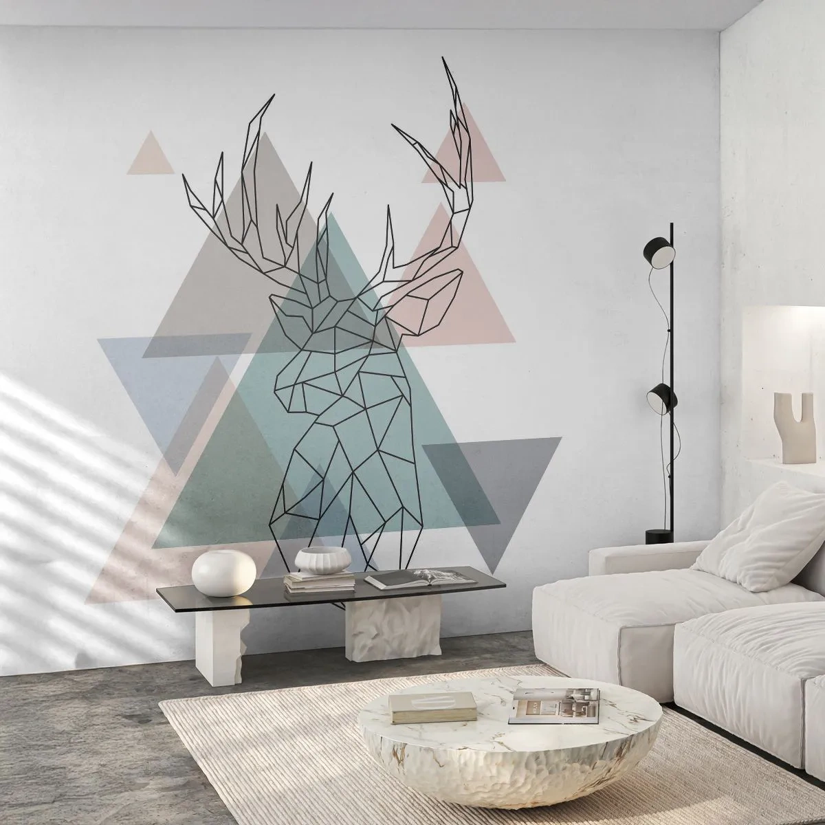 Papier Peint Photo Premium Sand - Cerf géométrique avec des éléments triangulaires - 100x70cm - Dans une forêt géométrique - Décoration murale moderne pour le salon et la chambre ARTTOR