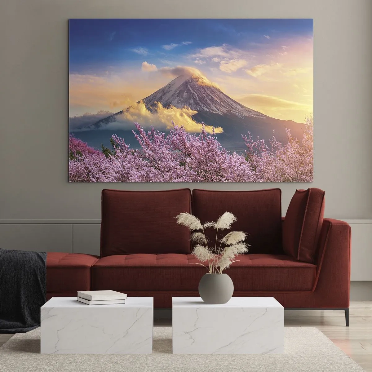 Impression sur verre - Image sur verre - Le mont Fuji en arrière-plan avec des sakura en fleurs au premier plan - 100x70cm - Sainteté japonaise - Décoration murale moderne pour le salon et la chambre ARTTOR