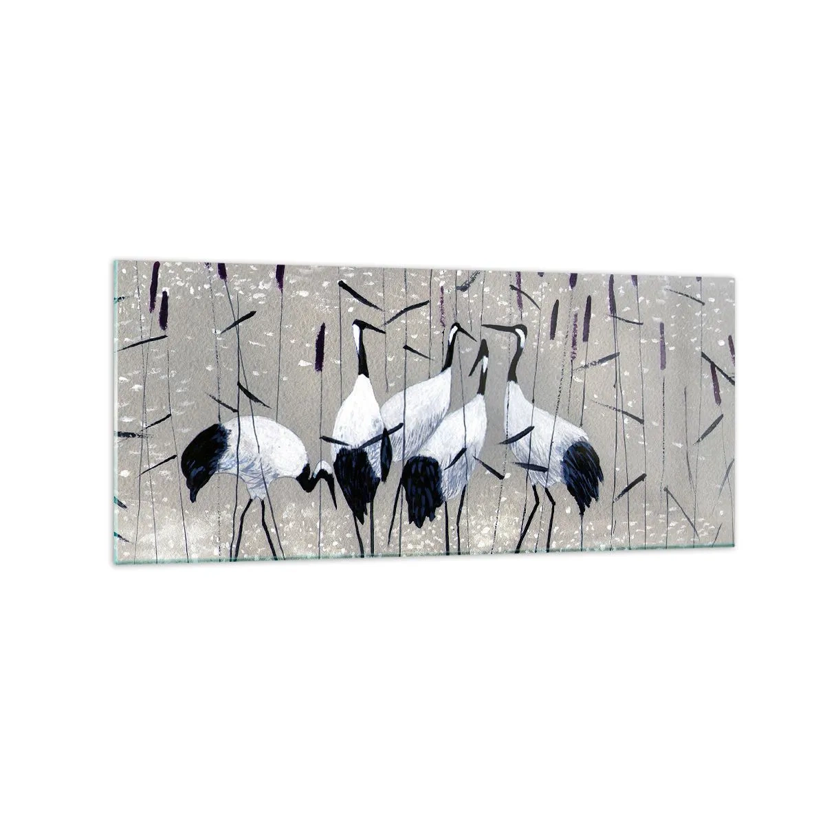 Impression sur verre - Image sur verre - Hérons dans l'herbe sur un fond paisible - 120x50cm - Parmi les siens - Décoration murale moderne pour le salon et la chambre ARTTOR