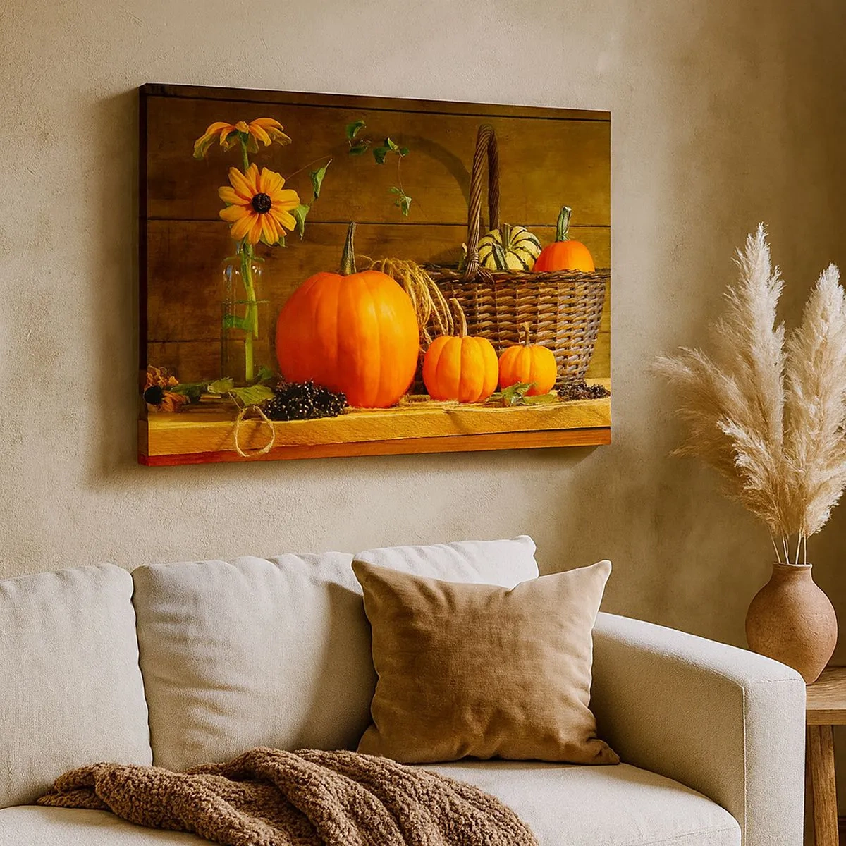 Impression sur toile - Image sur toile - Composition d'automne avec citrouilles et fleurs sur fond de bois - 70x50cm - Une composition rustique - cadeaux d'automne - Décoration murale moderne pour le salon et la chambre ARTTOR