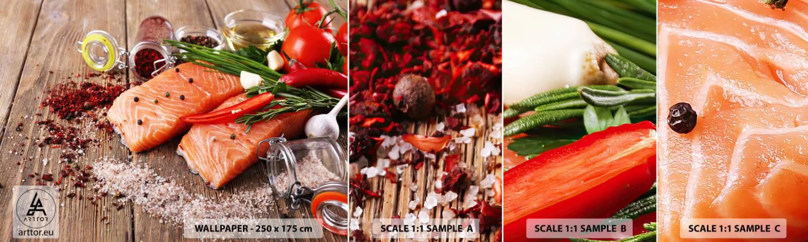 Échantillon de Papier Peint Autocollant Deluxe Sticker - Aventure norvégienne dans la cuisine - La gastronomie, Saumon, Épices - 100x30 cm