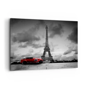 Impression sur toile - Image sur toile - Voiture rétro rouge devant la Tour Eiffel en noir et blanc - 100x70cm - Il n'y a pas si longtemps à Paris - Décoration murale moderne pour le salon et la chambre ARTTOR