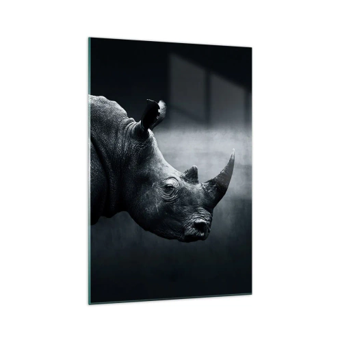 Impression sur verre - Image sur verre - Portrait noir et blanc d'un rhinocéros sur fond sombre - 70x100cm - Le profil droit - Décoration murale moderne pour le salon et la chambre ARTTOR