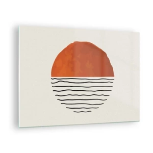 Impression sur verre - Image sur verre - Soleil minimaliste sur la ligne des vagues - 70x50cm - Dans un climat japonnais - Décoration murale moderne pour le salon et la chambre ARTTOR