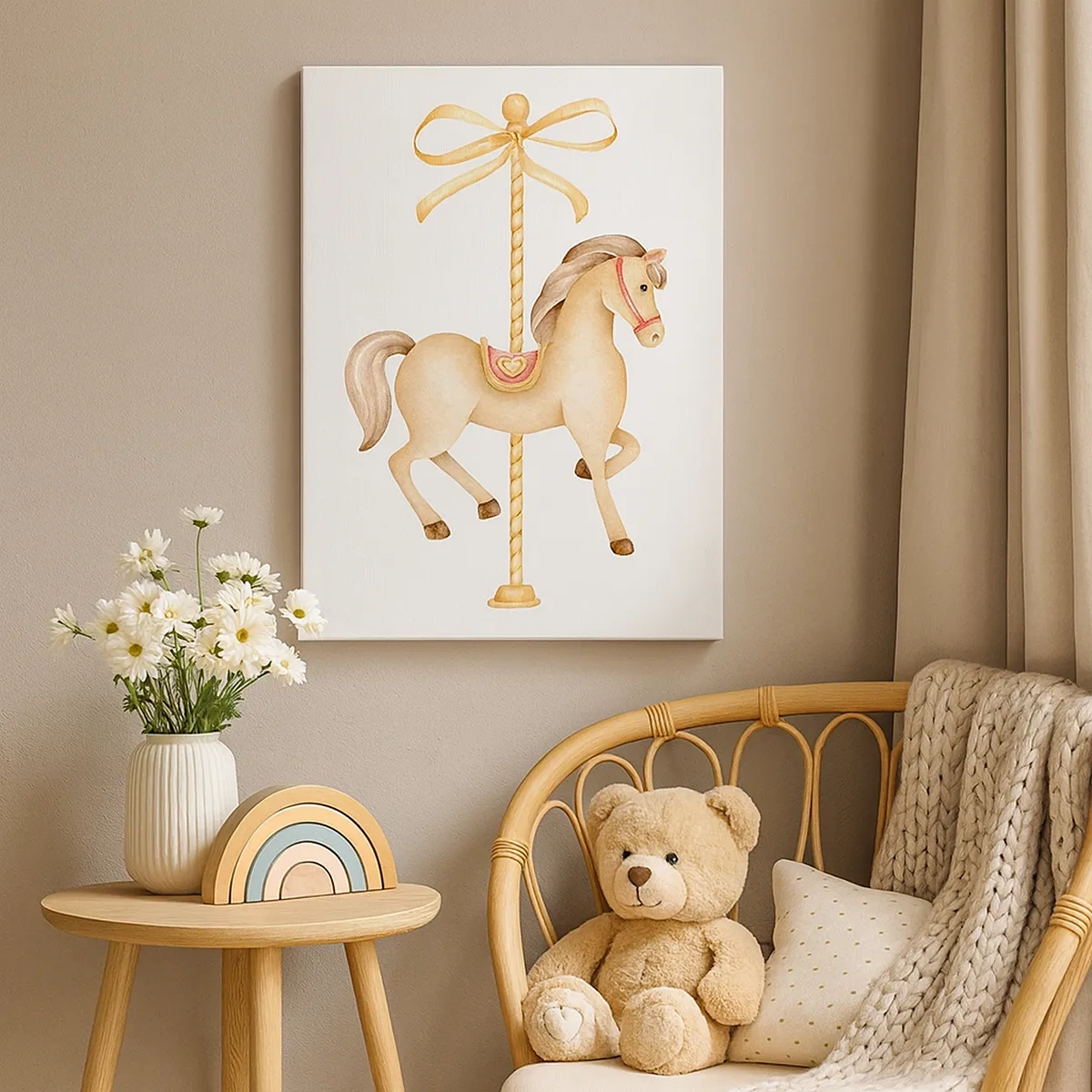 Impression sur toile - Image sur toile - Un cheval de carrousel avec un arc dans des pastels délicats - 50x70cm - Un trot gracieux - Décoration murale moderne pour le salon et la chambre ARTTOR