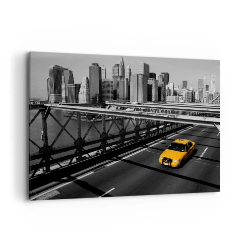 Impression sur toile - Image sur toile - Taxi jaune sur un pont avec vue sur les toits de New York - 120x80cm - Couleur de la grande ville - Décoration murale moderne pour le salon et la chambre ARTTOR