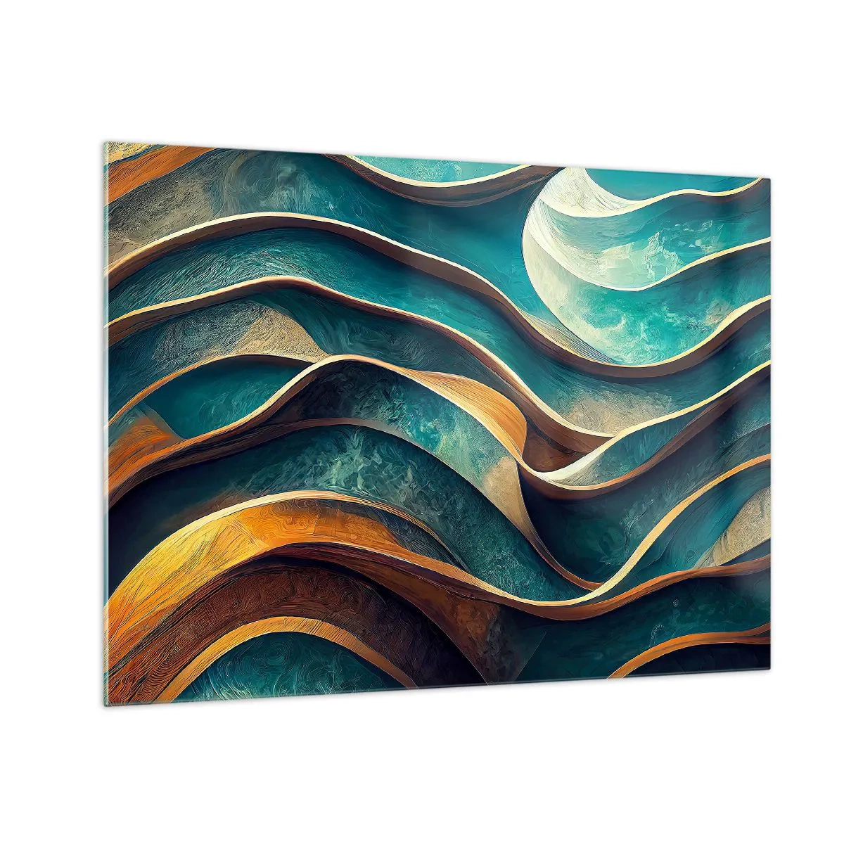 Impression sur verre - Image sur verre - Lignes dynamiques en bleu et cuivre créant des vagues - 70x50cm - Méandres de bleu - Décoration murale moderne pour le salon et la chambre ARTTOR