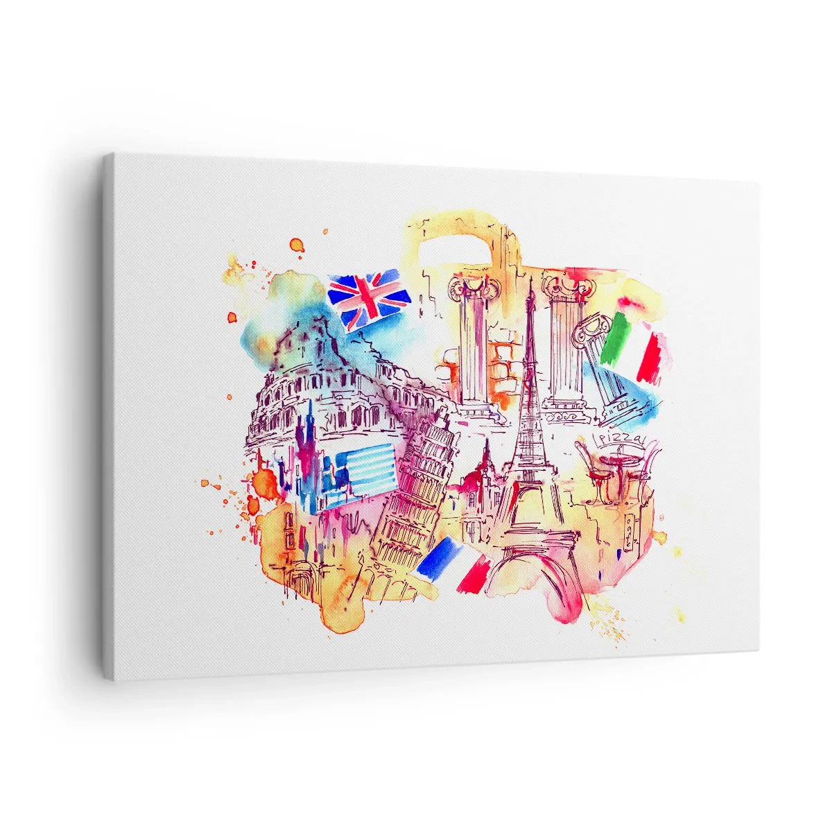 Impression sur toile - Image sur toile - Aquarelle de symboles européens avec drapeaux de pays - 70x50cm - Tournée européenne - Décoration murale moderne pour le salon et la chambre ARTTOR