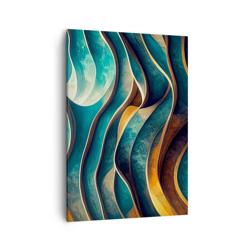 Impression sur toile - Image sur toile - Vagues abstraites dans des tons turquoise et or - 50x70cm - Méandres de bleu - Décoration murale moderne pour le salon et la chambre ARTTOR