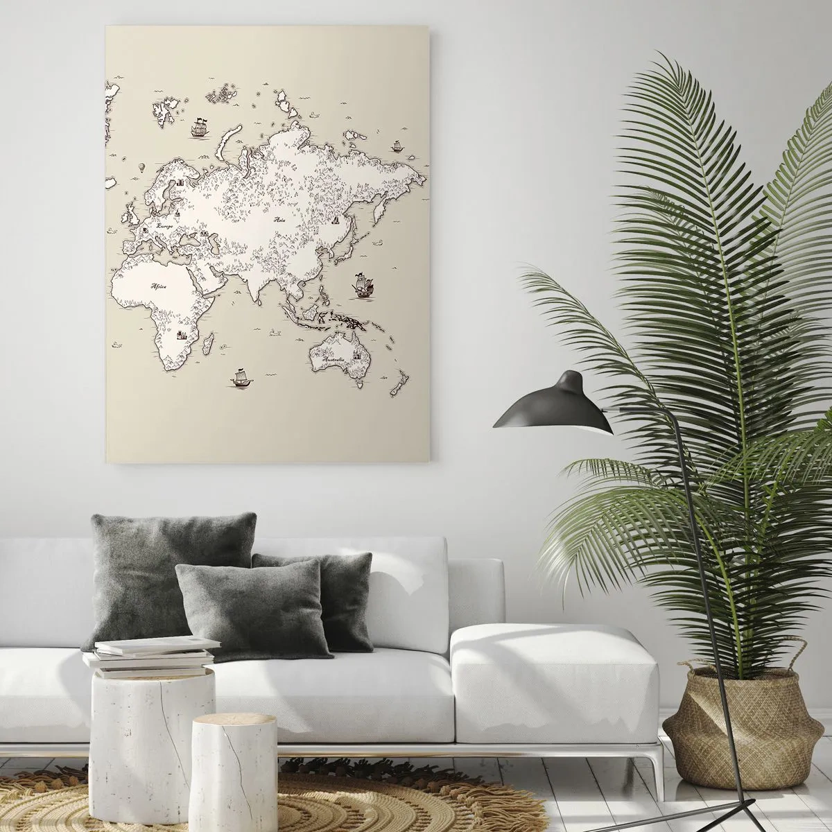 Impression sur verre - Image sur verre - Une carte stylisée du monde dans des tons beige et marron. - 80x120cm - Voyage autour du monde - Décoration murale moderne pour le salon et la chambre ARTTOR
