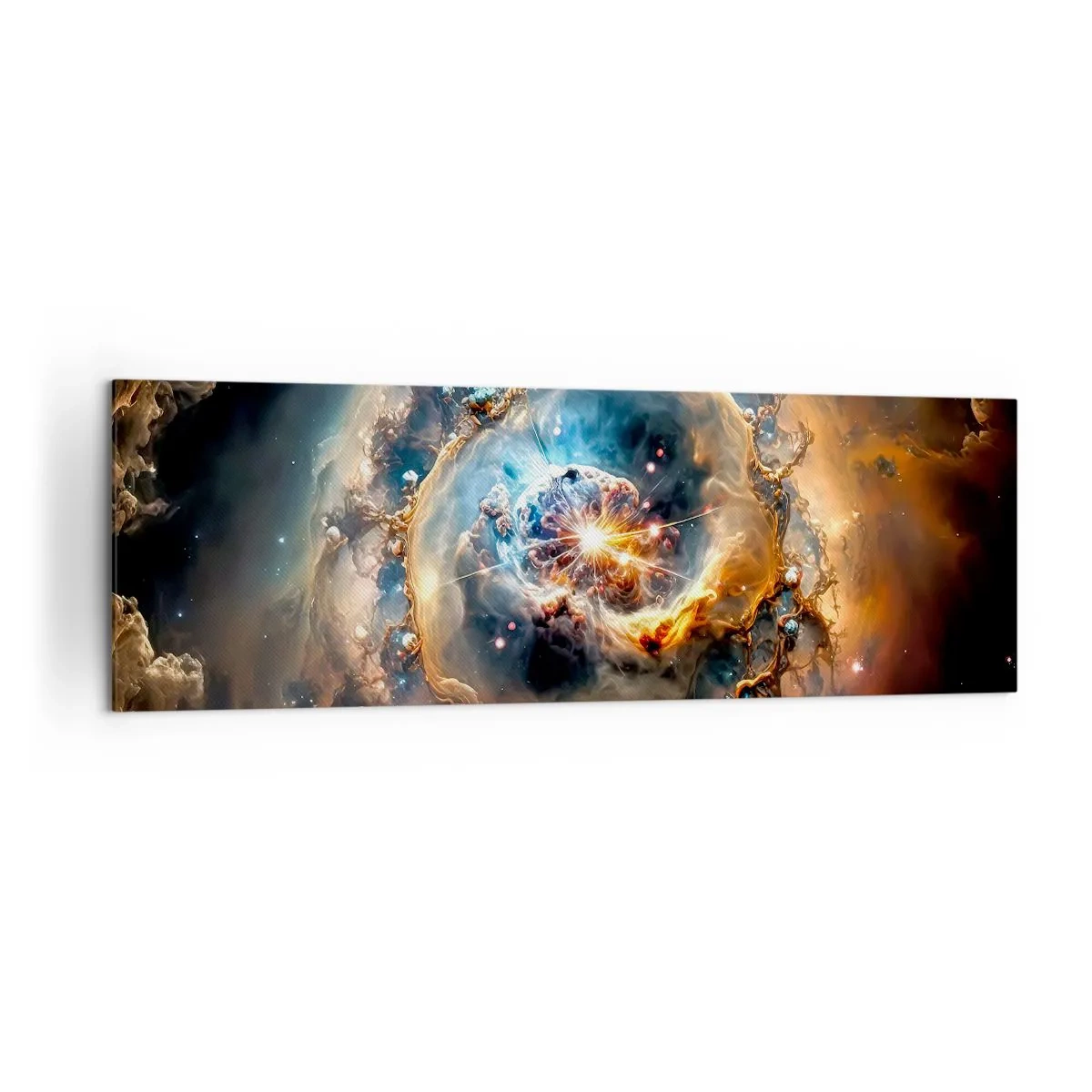 Impression sur toile - Image sur toile - Une vision abstraite d'une explosion cosmique dans des tons d'or et de bleu. - 160x50cm - Le début - Décoration murale moderne pour le salon et la chambre ARTTOR