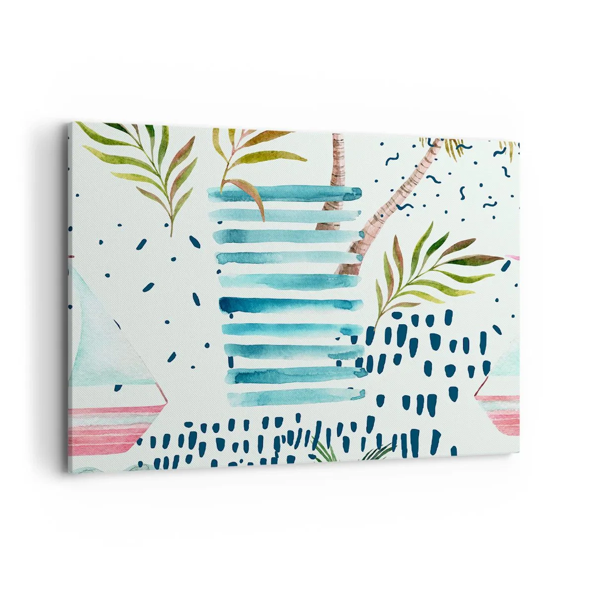 Impression sur toile - Image sur toile - Motif abstrait avec des palmiers et des accents nautiques - 100x70cm - Des vacances sous les palmiers - Décoration murale moderne pour le salon et la chambre ARTTOR