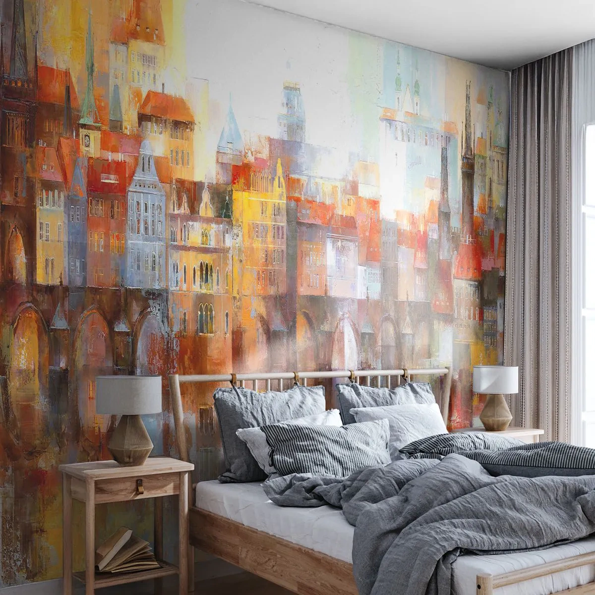 Papier Peint Photo Premium Canvas - Un panorama pittoresque de la ville avec un pont aux couleurs d'automne - 100x70cm - C'est aussi beau sous le pont - Décoration murale moderne pour le salon et la chambre ARTTOR