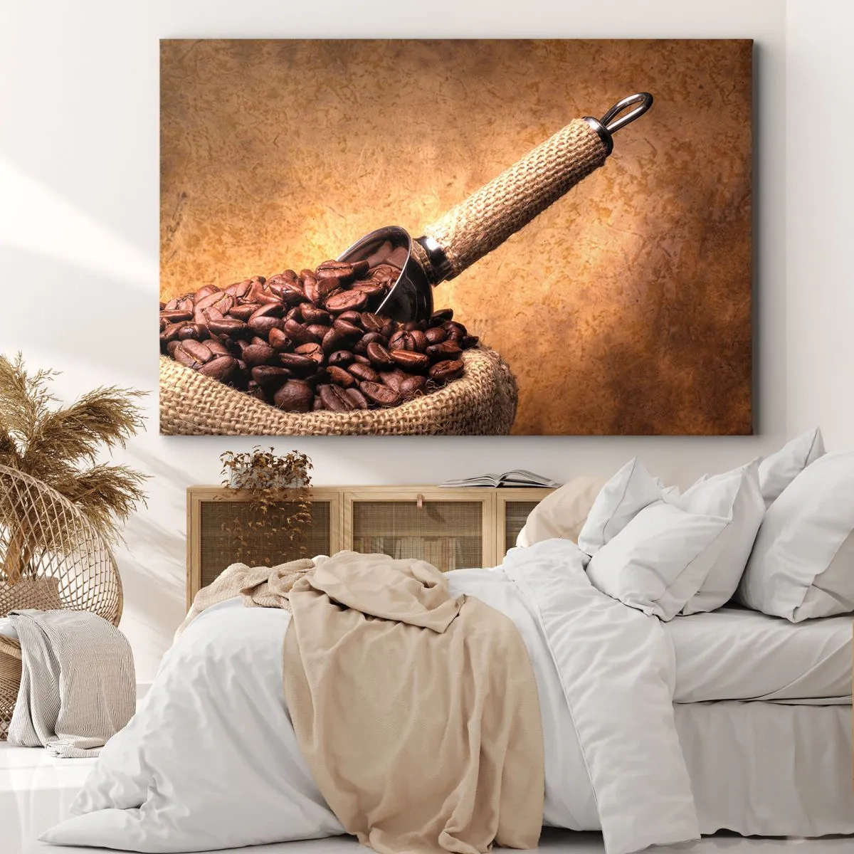 Impression sur toile - Image sur toile - Grains de café dans un sac en jute avec une cuillère en métal - 120x80cm - A la source de la saveur - Décoration murale moderne pour le salon et la chambre ARTTOR
