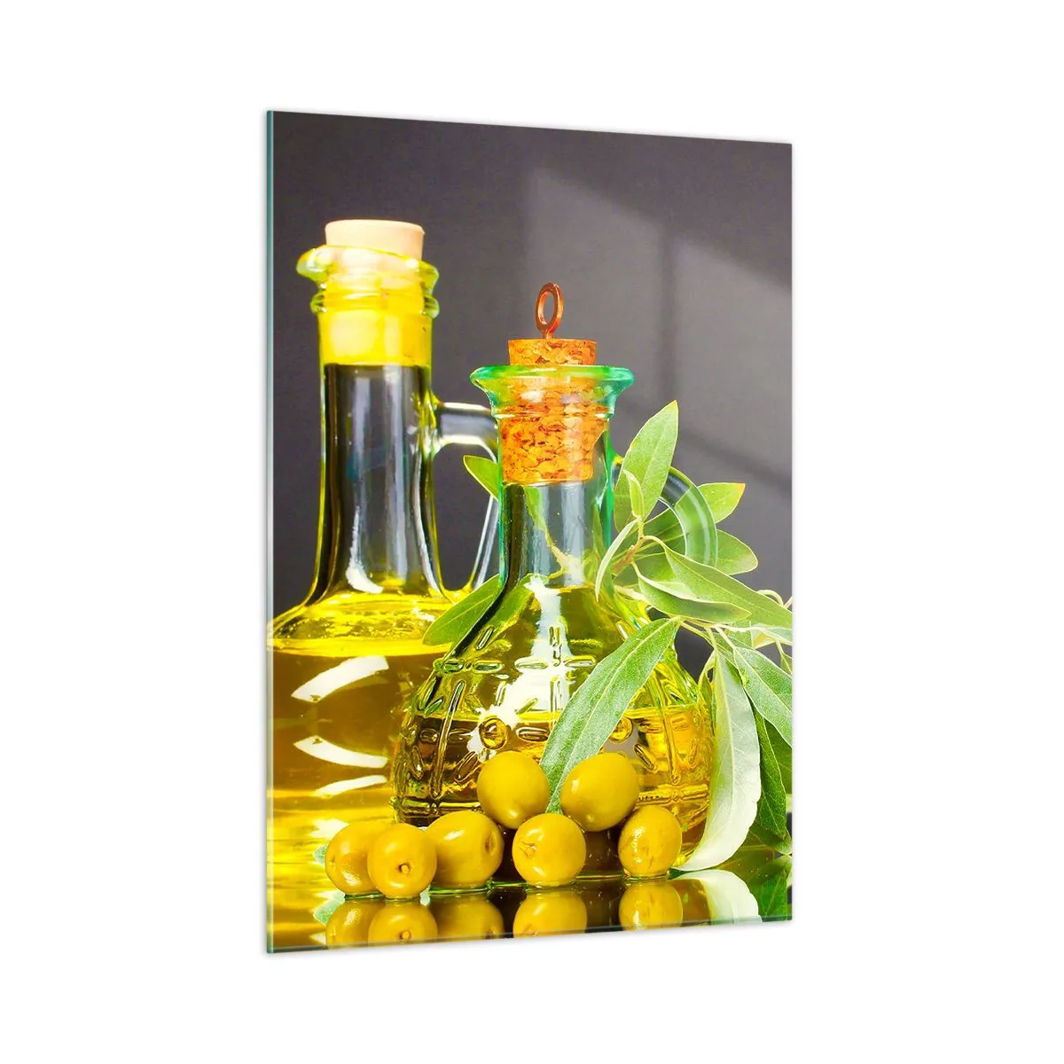 Impression sur verre - Image sur verre - Bouteilles d'huile d'olive et une branche d'oliviers en arrière-plan - 50x70cm - Nature morte aux olives et à l'huile d'olive - Décoration murale moderne pour le salon et la chambre ARTTOR