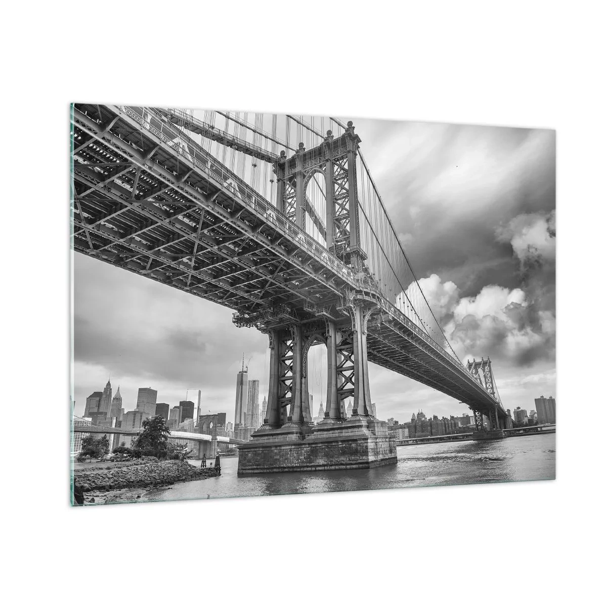 Impression sur verre - Image sur verre - Un pont suspendu dans un décor monochrome - 100x70cm - Au coeur de la ville - Décoration murale moderne pour le salon et la chambre ARTTOR
