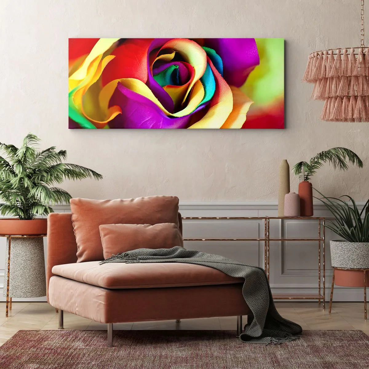 Impression sur toile - Image sur toile - Une rose colorée aux nuances de l'arc-en-ciel - 160x50cm - Ce n'est pas possible - Décoration murale moderne pour le salon et la chambre ARTTOR