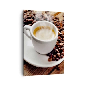 Impression sur toile - Image sur toile - Une tasse de café aromatique sur fond de grains et d'une feuille - 70x100cm - Café sur un banc - Décoration murale moderne pour le salon et la chambre ARTTOR