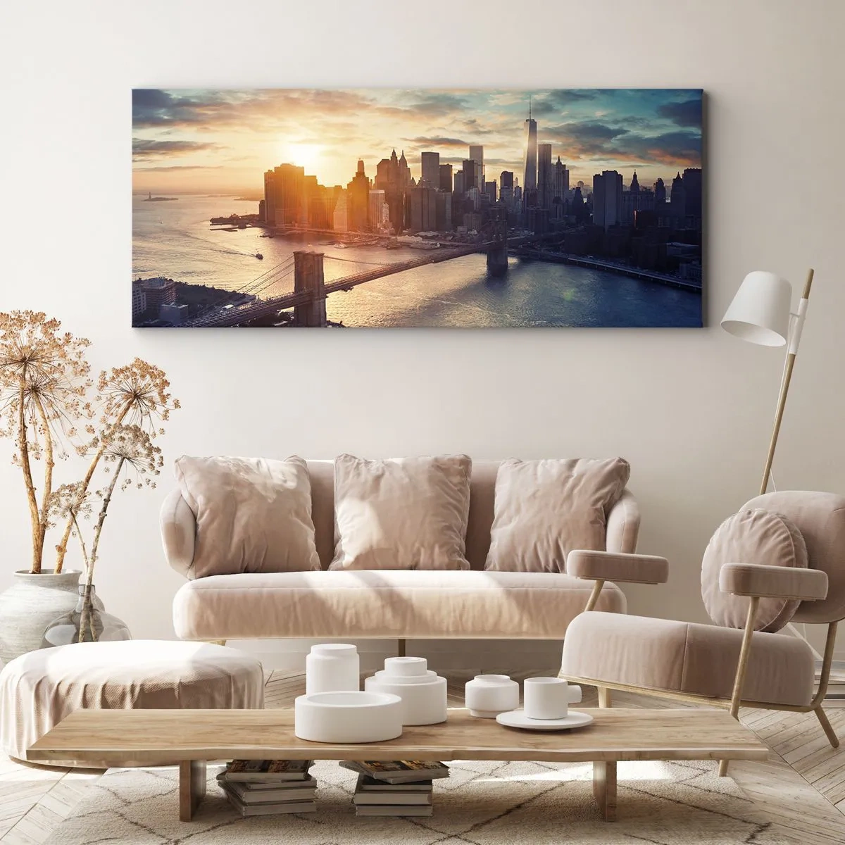 Impression sur toile - Image sur toile - Panorama de la ville avec le pont et la rivière à la lumière du soleil couchant - 120x50cm - Monument de la culture occidentale - Décoration murale moderne pour le salon et la chambre ARTTOR