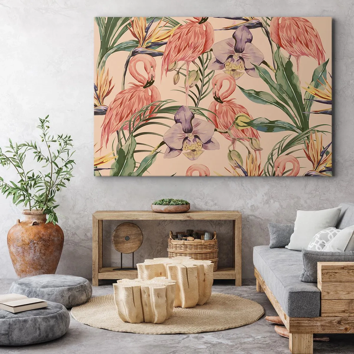Impression sur toile - Image sur toile - Flamants roses et fleurs tropicales sur fond clair - 120x80cm - Ballet rose dans les fleurs - Décoration murale moderne pour le salon et la chambre ARTTOR