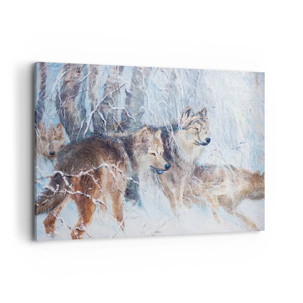 Impression sur toile - Image sur toile - Loups dans une forêt hivernale sur fond de neige - 100x70cm - Attention! Ca arrive ... - Décoration murale moderne pour le salon et la chambre ARTTOR