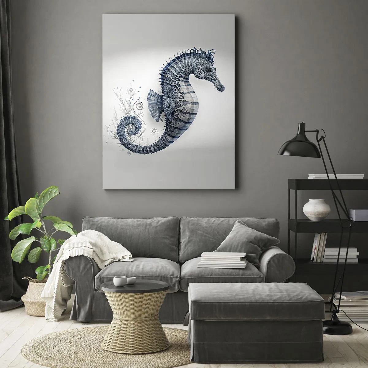 Impression sur toile - Image sur toile - Hippocampe dans des tons de bleu avec des détails à l'aquarelle - 80x120cm - Une subtile plaisanterie de la nature - Décoration murale moderne pour le salon et la chambre ARTTOR