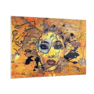 Impression sur verre - Image sur verre - Visage de femme abstrait dans des tons orangés dorés - 100x70cm - Beauté ensoleillée - Décoration murale moderne pour le salon et la chambre ARTTOR