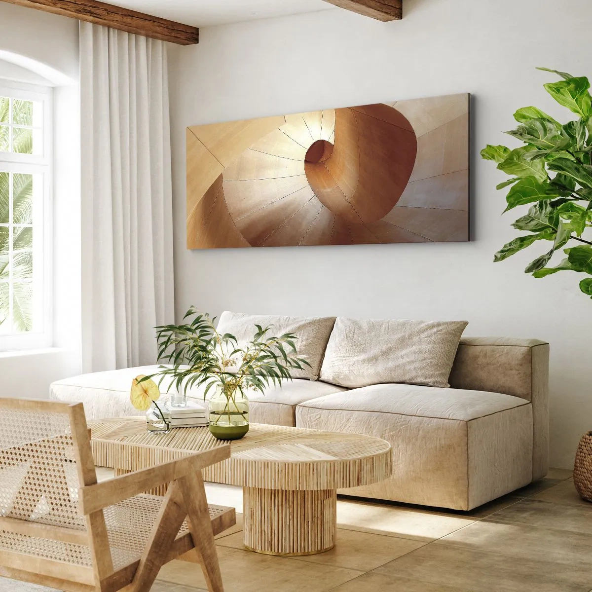 Impression sur toile - Image sur toile - Spirale abstraite dans les tons bois et marron clair - 160x50cm - Serpentin architectural - Décoration murale moderne pour le salon et la chambre ARTTOR