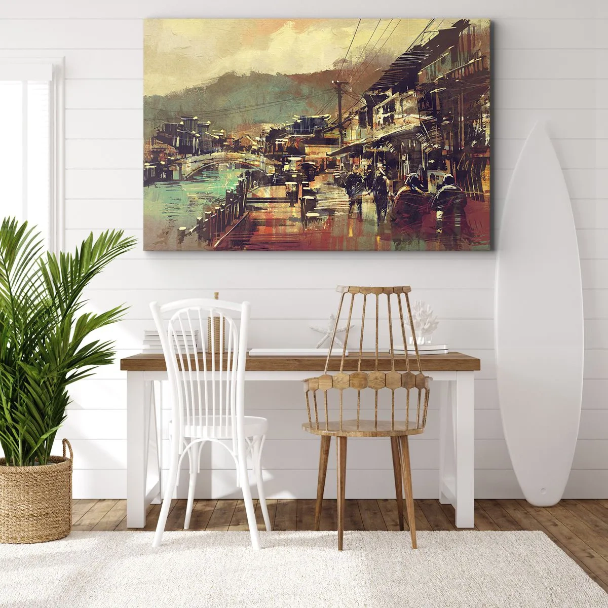 Impression sur toile - Image sur toile - Une ville avec un pont et des rues au style artistique - 120x80cm - La vie comme une richesse de gris - Décoration murale moderne pour le salon et la chambre ARTTOR