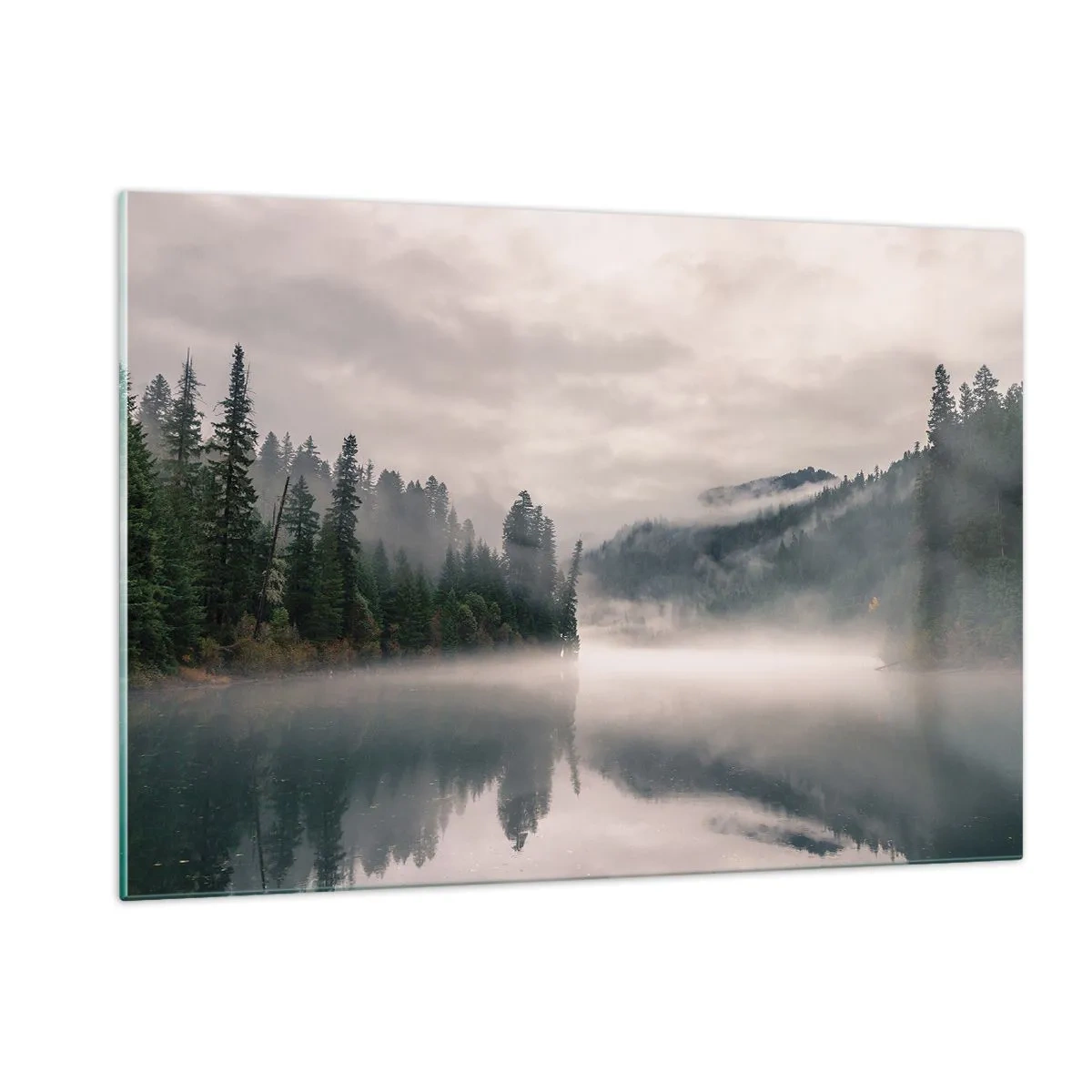 Impression sur verre - Image sur verre - Vue matinale d'un lac dans la forêt, enveloppé de brouillard - 120x80cm - Reflet dans le brouillard - Décoration murale moderne pour le salon et la chambre ARTTOR
