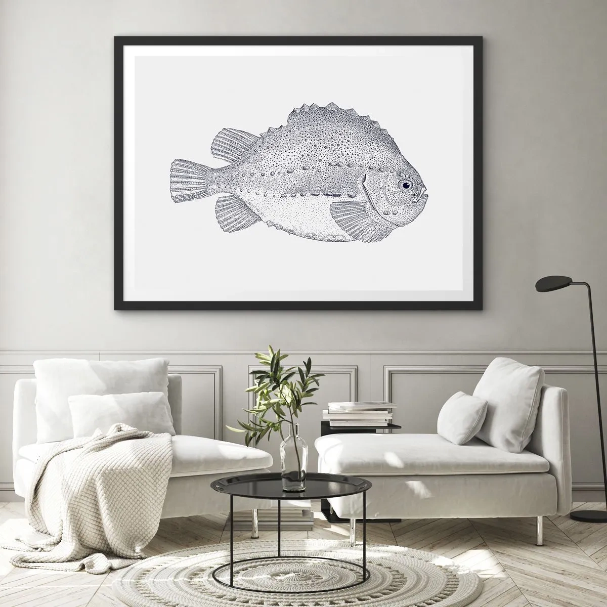 Affiche dans un cadre noir - Poster - Dessin noir et blanc d'un poisson sur fond blanc dans un style minimaliste - 100x70cm - Pour l'album du naturaliste - Décoration murale moderne pour le salon et la chambre ARTTOR