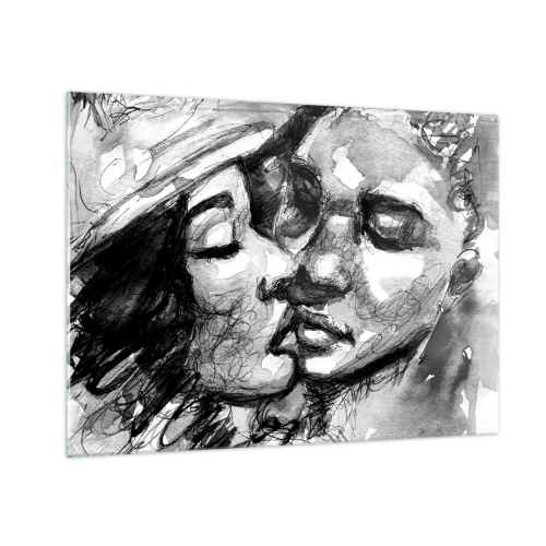 Impression sur verre - Image sur verre - Croquis en noir et blanc d'un tendre baiser - 70x50cm - Un moment tendre - Décoration murale moderne pour le salon et la chambre ARTTOR