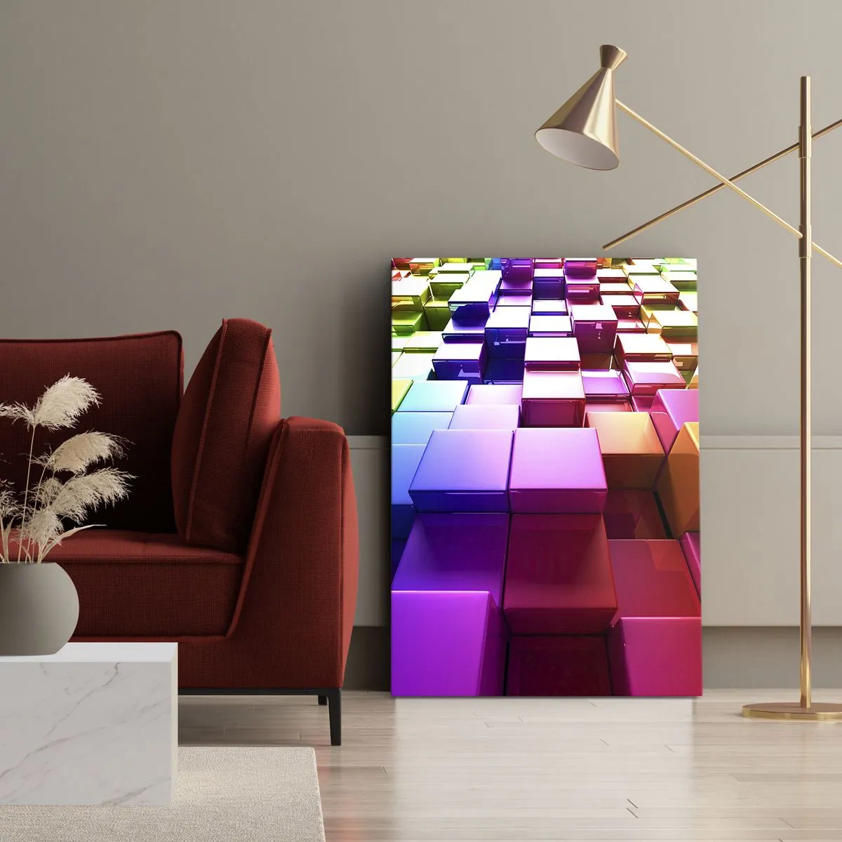 Impression sur toile - Image sur toile - Cubes géométriques 3D colorés - 80x120cm - Collaboration Op art dans une équipe - Décoration murale moderne pour le salon et la chambre ARTTOR