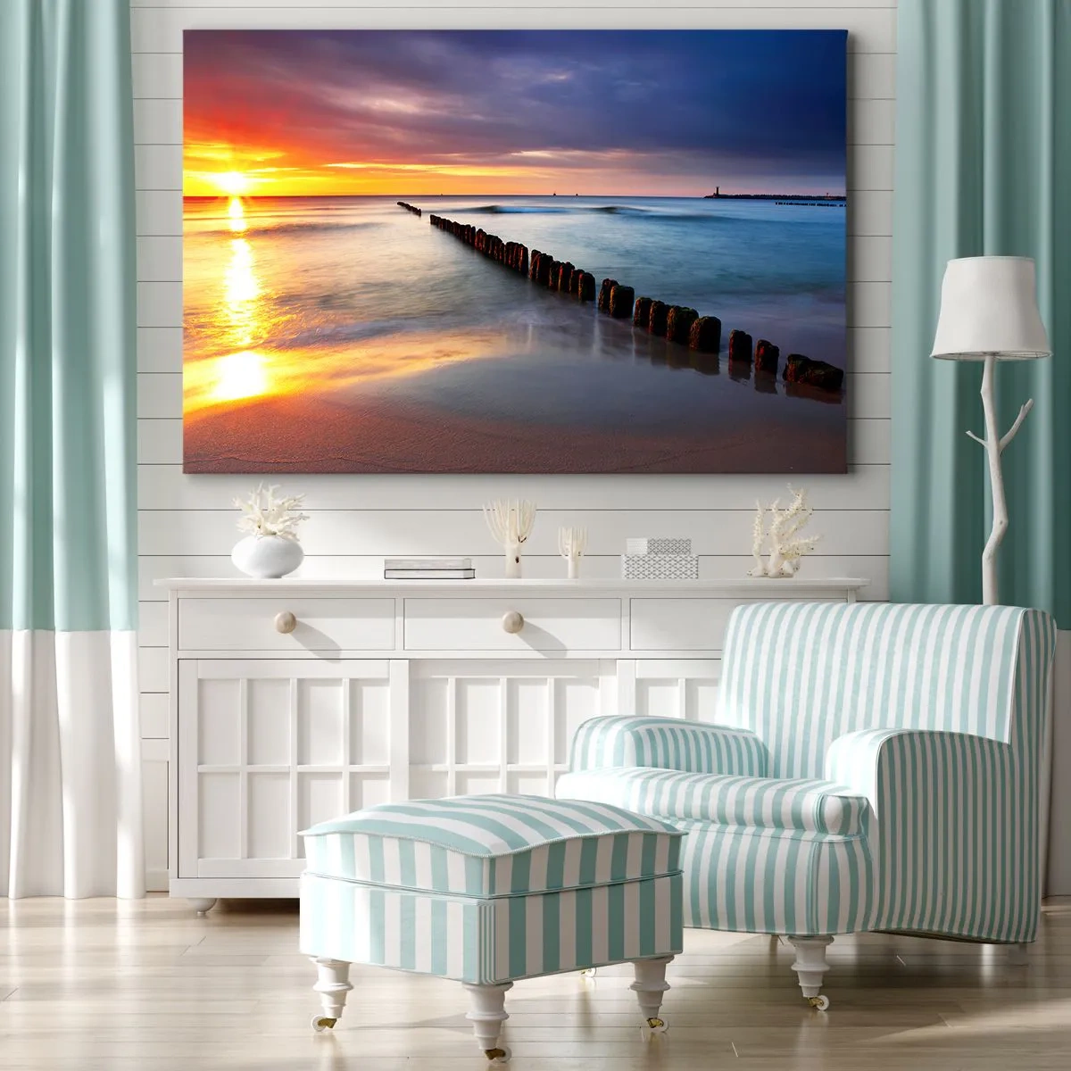 Impression sur toile - Image sur toile - Coucher de soleil sur la mer avec un brise-lames au premier plan - 120x80cm - Ecoute le silence - Décoration murale moderne pour le salon et la chambre ARTTOR