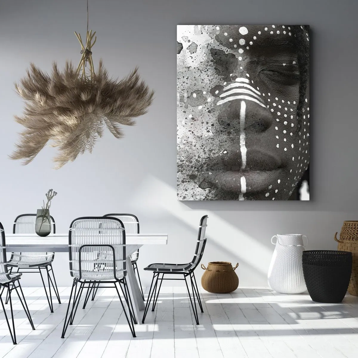 Impression sur toile - Image sur toile - Portrait de visage artistique avec des motifs blancs abstraits - 80x120cm - Découvrez l'esprit primal - Décoration murale moderne pour le salon et la chambre ARTTOR